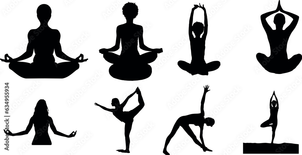 people doing yoga or meditation silhouette vector illustration isolated on white background.  The poses include seated meditation, tree pose, downward dog, and warrior pose. 