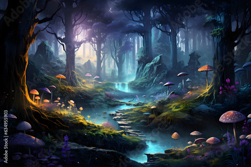 Fantasy forest with luminescent mushrooms. Fantastic world, beautiful imaginary background. © Pattanan