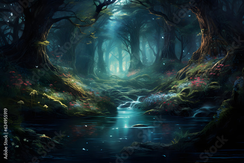 Fantasy forest with luminescent mushrooms. Fantastic world  beautiful imaginary background.