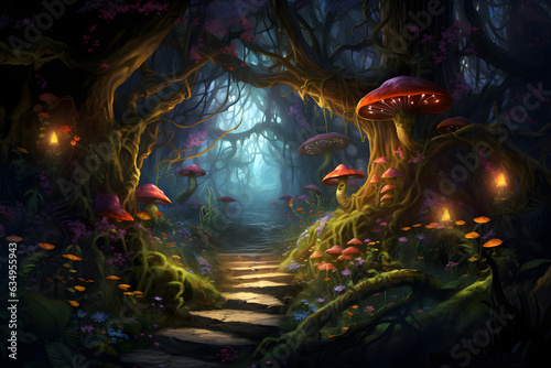 Fantasy forest with luminescent mushrooms. Fantastic world, beautiful imaginary background.