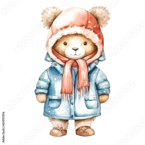 Winter Wonderland Teddy: Watercolor Illustration of Bear in White Jacket