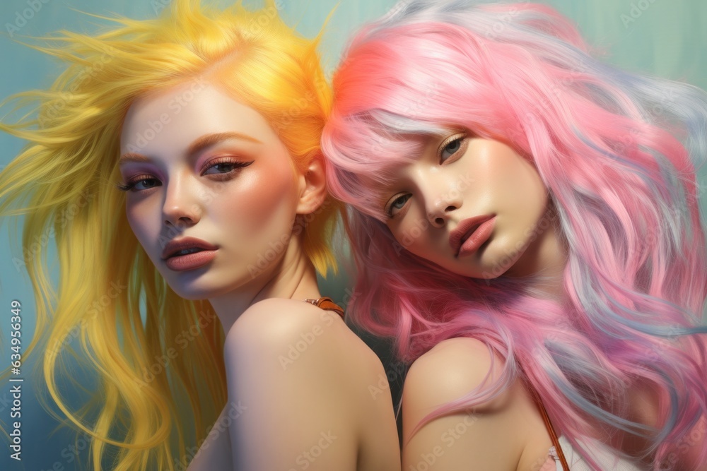 Two trendy Gen Z girls, flaunting vibrant pink and amber dyed hair, stand side by side, captured in a zbrush-inspired setting, radiating light cyan and yellow hues
