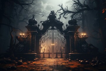 Gate with Halloween theme background. scary cemetery gate. Generative AI