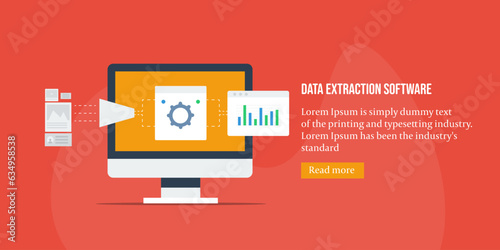 Data extractor software application fetching information from web content database, data mining and reformatting concept, business intelligence analytics, vector illustration web banner.