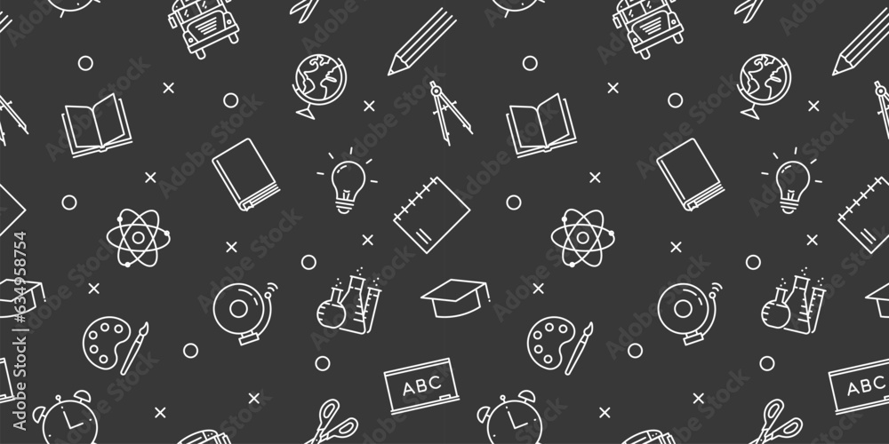 School background. Seamless pattern related with back to school and other educational subjects. Lots of icon graphic elements related with school supplies and classes subjects School background. Seamless pattern related with back to school and other educational subjects. Lots of icon graphic elements related with school supplies and classes subjects