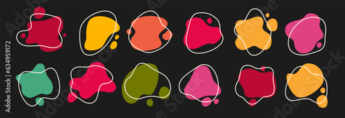 Vector abstract blob shapes set. Irregular organic flat design elements. Colorful amoeba fleck splotches. Liquid uneven spots. Asymmetric fluid splodge form spots. Amorphous blob silhouette collection