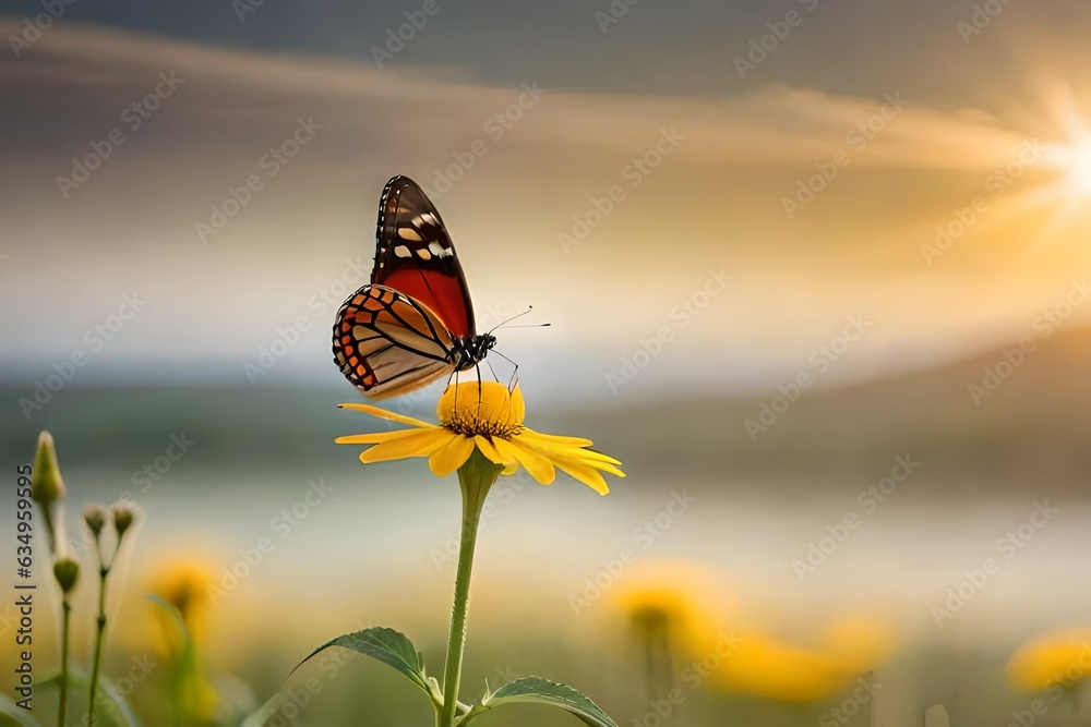  In a serene wildflower meadow, a monarch butterfly alights gently on a cheerful yellow daisy. - obrazy, fototapety, plakaty 