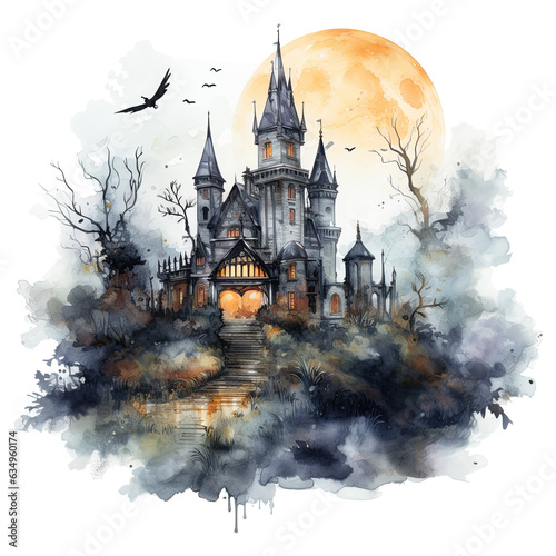 Halloween castle. Watercolor castle on transparent background. Generative AI