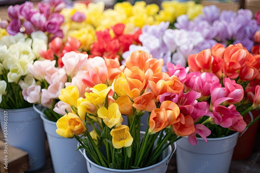 Full buckets of fresh cut beautiful colorful freesia flowers bouquets at the flowers shop in spring time Full buckets of fresh cut beautiful colorful freesia flowers bouquets at the flowers shop in spring time