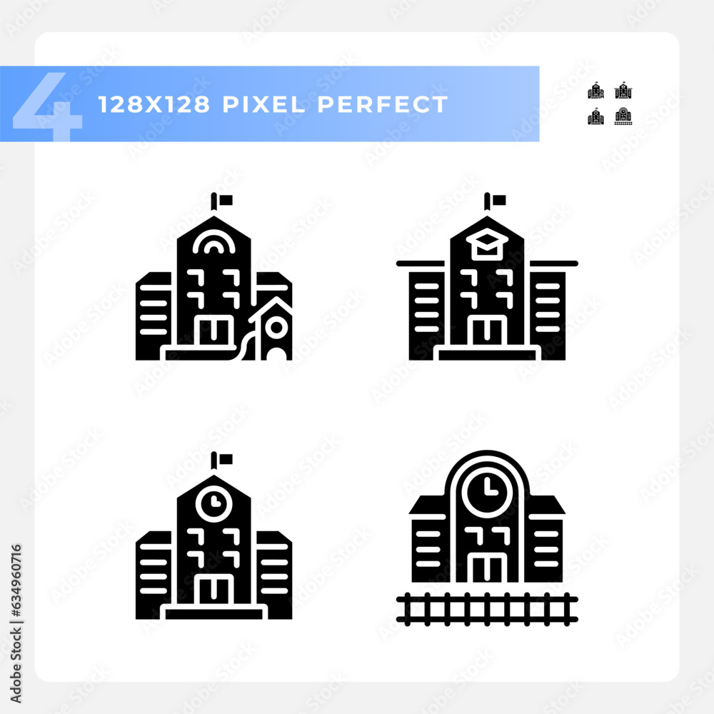 2D pixel perfect glyph style icons set representing various buildings, silhouette illustration.