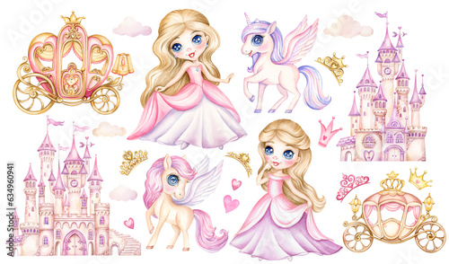 Fairytale watercolor clipart little princess, castle and unicorn. Set of hand drawn illustration of cute fairy tale girl, kingdom, magic pony and carriage in cartoon style isolated on white background © MarinadeArt