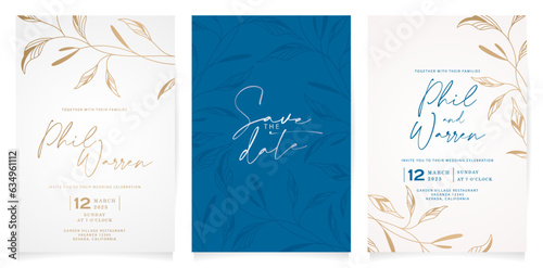 vector illustration set of wedding invitation template design with gold leaves minimalist style for greetings cards template, Stationery, Layout, collage, scene designs, event flyers, prints materials