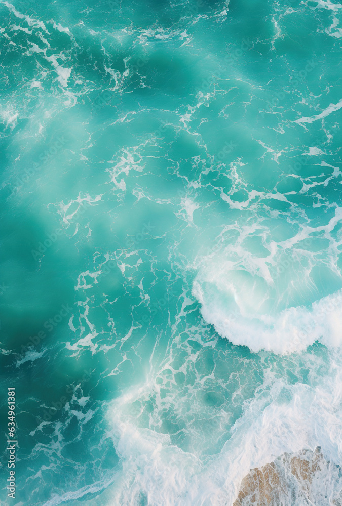 Turquoise sea waves at the tropical beach, directly above view, drone point of view