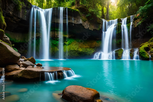 Large wide cascading waterfall in the forest  water flows down the mountainside. Generative AI