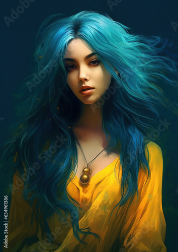 Gorgeous Vietnamese young woman with blue hairs. Stunning portrait generated by Ai