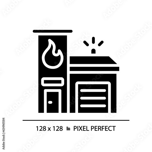 2D pixel perfect glyph style fire brigade icon, isolated vector, silhouette building illustration.