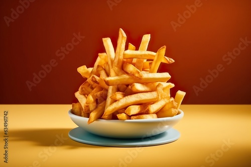 Pommes Fritten Produktfoto vor einem einfarbigen Hintergrund  frittierte Pommes aus Kartoffeln