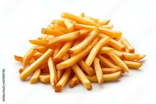 Pommes Fritten Produktfoto vor einem einfarbigen Hintergrund, frittierte Pommes aus Kartoffeln photo