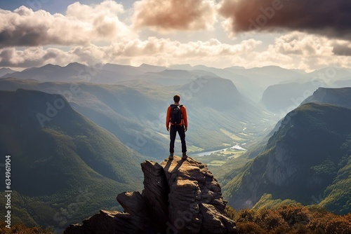 Wanderer steht auf einem Felsen an der Bergspitze und schaut über ein Gebirge mit toller Landscahft 