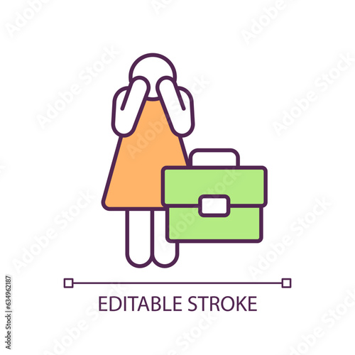 Gender bias in hiring RGB color icon. Workplace discrimination. Job loss. Female employee. Work stress. Employment issue. Isolated vector illustration. Simple filled line drawing. Editable stroke