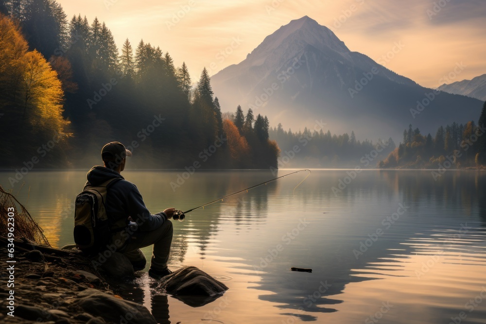 Serenity by the Shore: Depicting a Lakeside Setting with Patient Fisherman, Fishing Line Cast, Tackle, and Breathtaking Mountainous Vista
