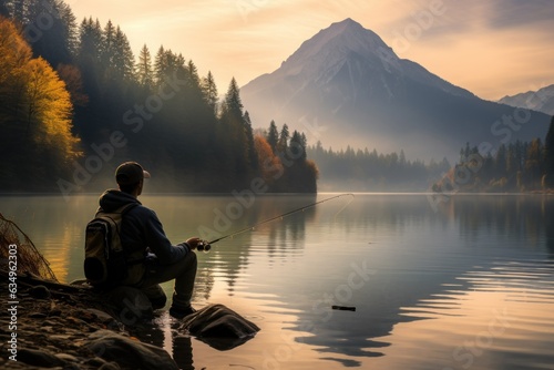 Serenity by the Shore: Depicting a Lakeside Setting with Patient Fisherman, Fishing Line Cast, Tackle, and Breathtaking Mountainous Vista 