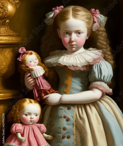 Girl with Doll Toy, Generative AI Illustration