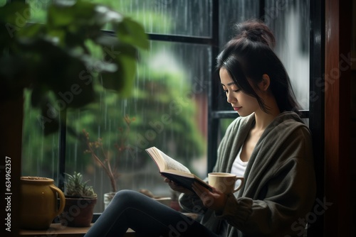 Window-Side Escape: Depicting Someone Engrossed in Reading a Novel on a Rainy Day, Tea Cup Steaming Comfortably Nearby  © Lucija