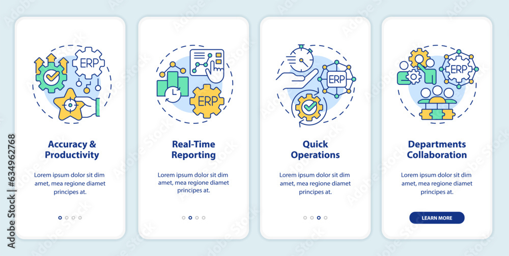 2D icons representing enterprise resource planning mobile app screen set. Walkthrough 4 steps multicolor graphic instructions with thin line icons concept, UI, UX, GUI template.