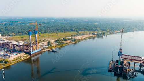 Murom  Russia. Construction of a bridge across the Oka River. Highway M-12 Moscow-Nizhny-Novgorod-Kazan  Aerial View