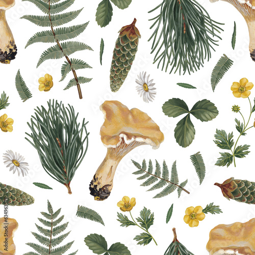 Seamless pattern design with hand painted acrylic botanical illustrations of forest nature. Cottegecore style. Perfect for prints, textile, wallpaper, packaging design, stationery and other goods