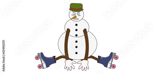 Christmas Groovy Character in trendy Y2K style. Cute and funny Snowman in Hat on rollers on isolated on transparent background. Vector illustration. PNG Emoticon Xmas character.