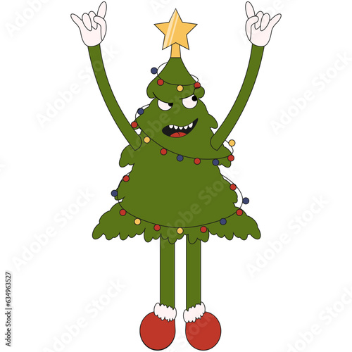 Christmas Groovy Character in trendy Y2K style. Cute and funny Christmas Tree isolated on transparent background. Vector illustration. PNG Emoticon Xmas character.