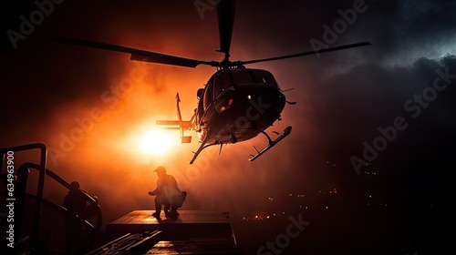A dramatic image of firefighters descending from a helicopter photo