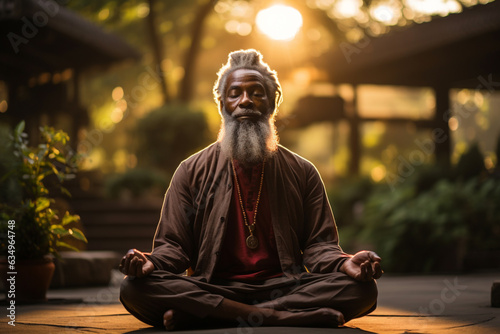 Unity connection with yourself  meditating for inner peace zen and balance  stable mental health concept. Senior afro-american man male monk practicing breathing yoga pranayama. Generative AI