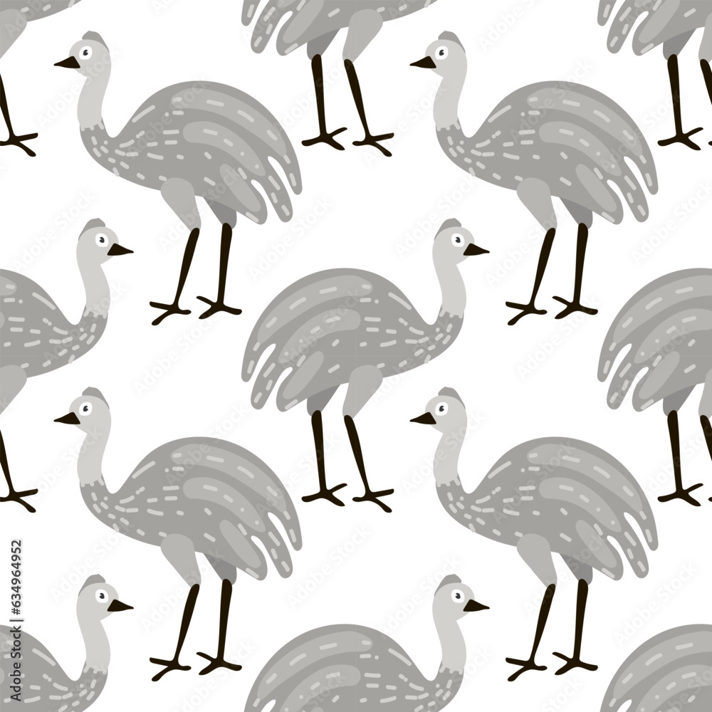 Obraz premium Seamless pattern in the form of cute ostriches. Funny hand-drawn animals. Creative children's background in Scandinavian style. Vector illustration. Ostrich on a white background