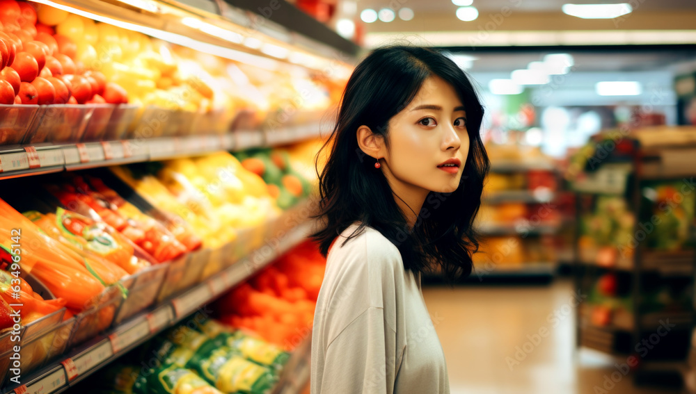 japanese woman in supermarket pushing shopping cart walking by the vegetables and fruits area. Generated by AI