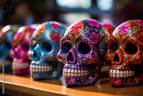 Intricately Decorated Sugar Skulls For Da De Muertos, Generative AI 