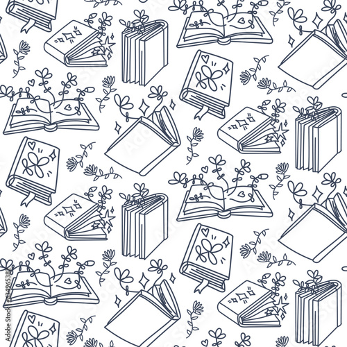A pattern from books in a contour with elements of plants coming out of books. Open, closed books, a stack of books in the style of doodles with plants. Cute children's fantastic textiles