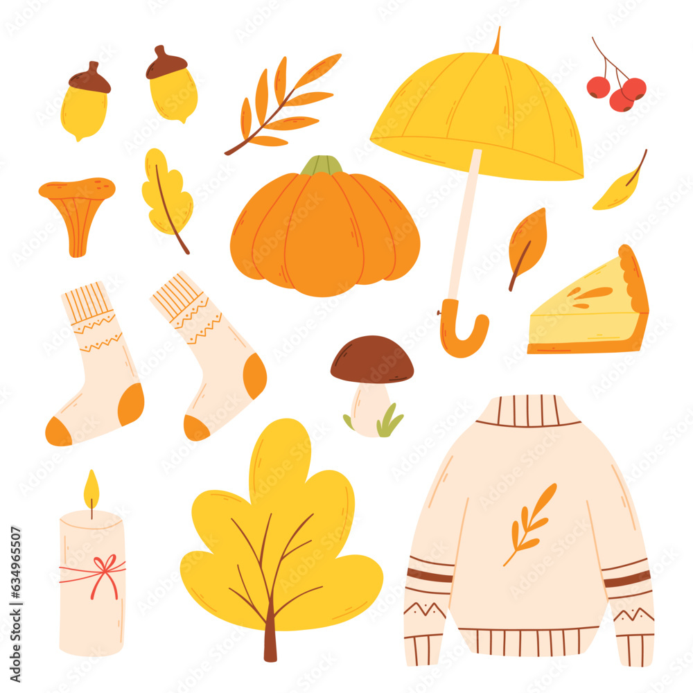 Set of autumn elements in a flat style. Hand drawn hello autumn collection. Vector illustration.