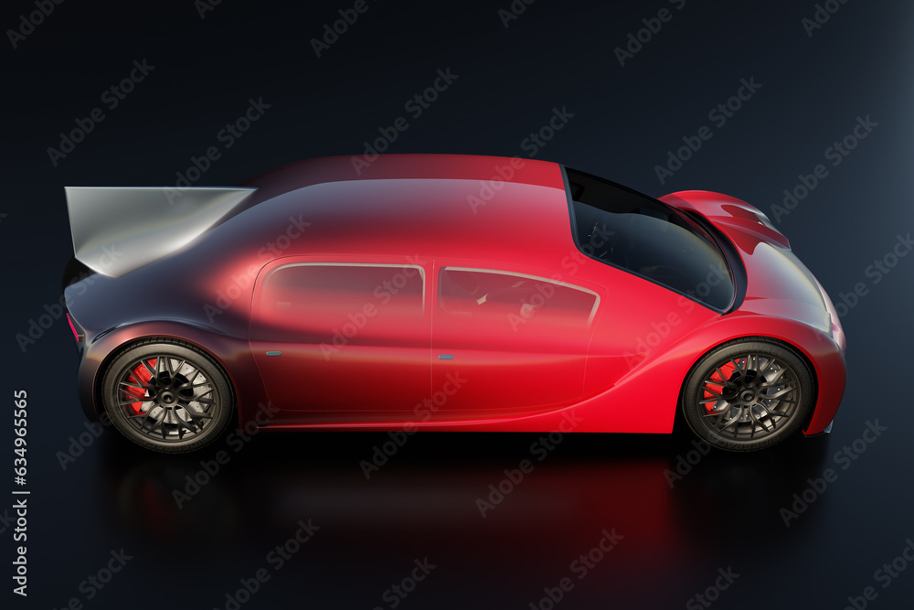 Side view of metallic red electric car on black background. Generic design, 3D rendering image.