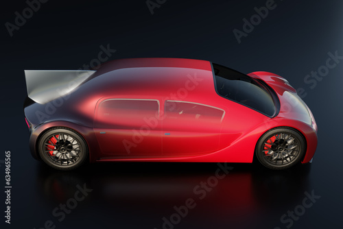 Side view of metallic red electric car on black background. Generic design, 3D rendering image. © chesky