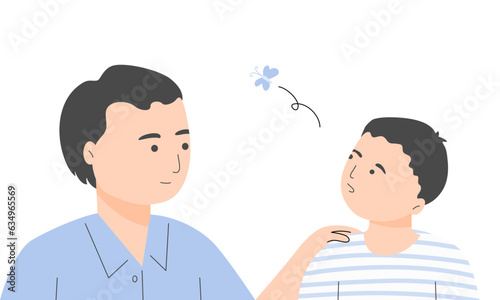 Father talking with ADHD son, he having a short attention span and being easily distracted. ADHD  symptom concept in flat vector illustration.	