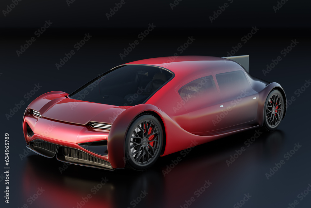Metallic red electric car on black background. Generic design, 3D rendering image.