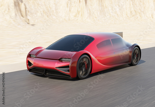 Futuristic Red Electric Car driving on road with desert background. Generic design  3D rendering image.