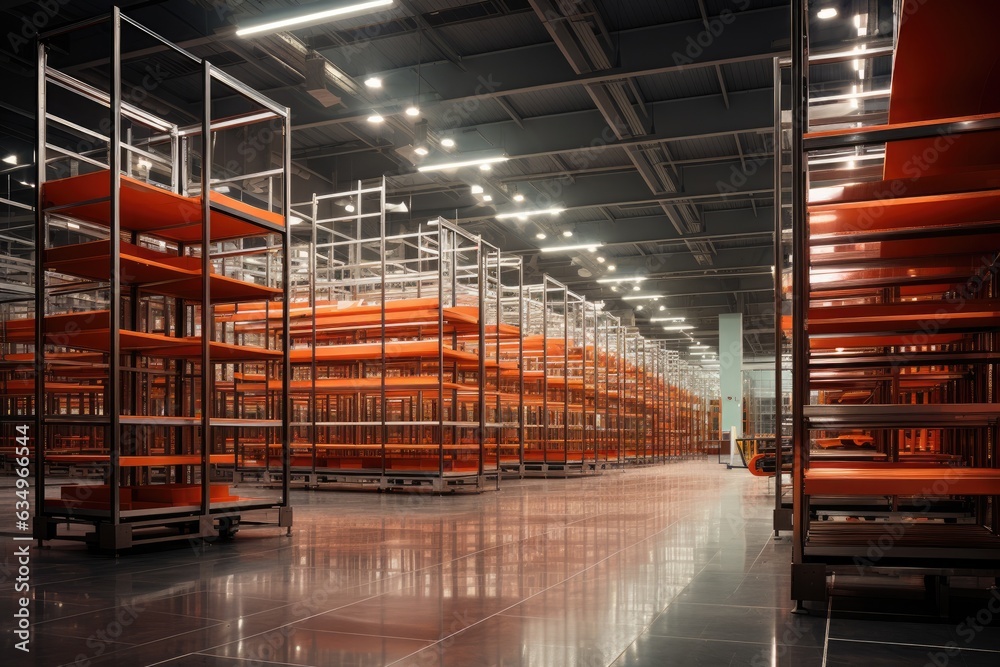 Empty rack shelf in mega storehouse. Logistic concept. Generative AI