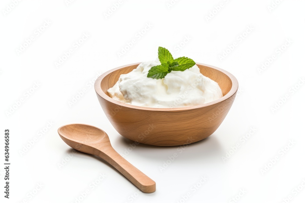 Yogurt in wooden bowl with min leaves isolated on white background. Generative AI image Yogurt in wooden bowl with min leaves isolated on white background. Generative AI image