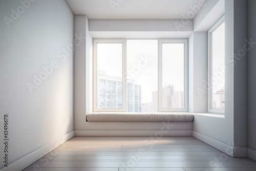 Minimalist interior with central window. 3D. Generative AI © Oliver
