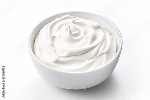Yogurt in ceramic bowl isolated on white background. Generative AI image