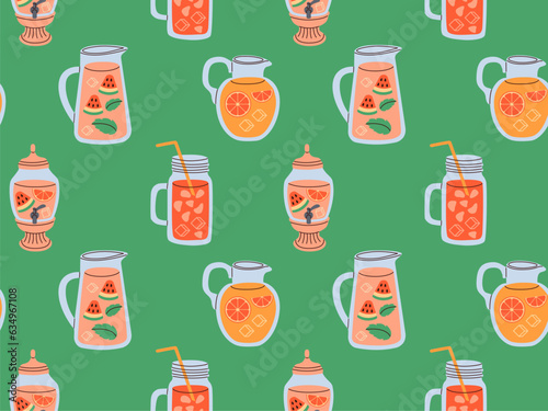 Seamless pattern of lemonade jugs with ice cube and fruits. Refreshing drink with mint leaves in pitcher with straw.